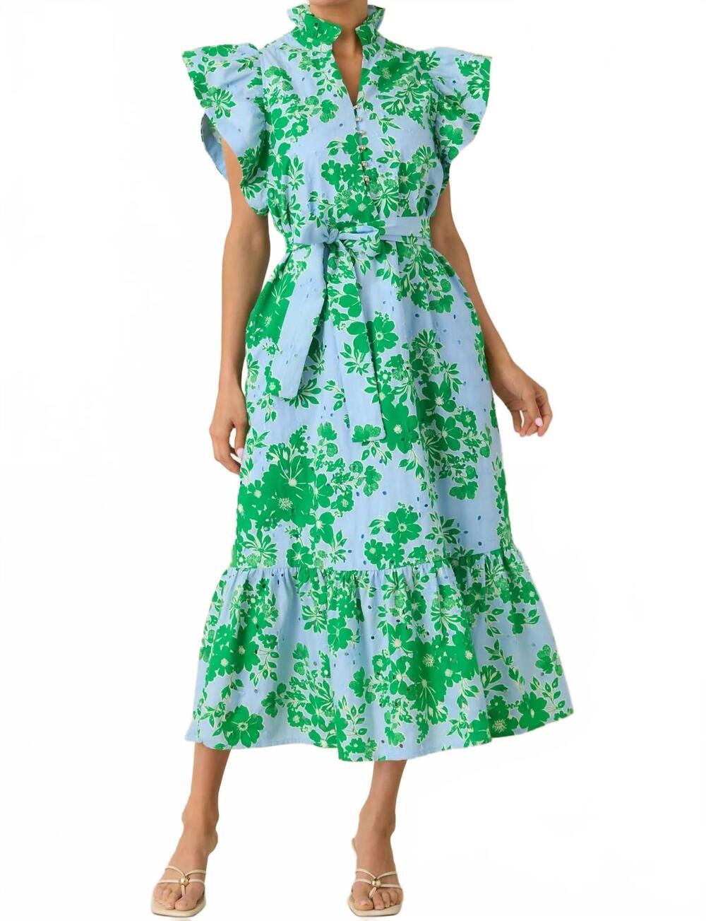 NEW ENTRO fresh air floral maxi dress in blue & green - Picture 3 of 7